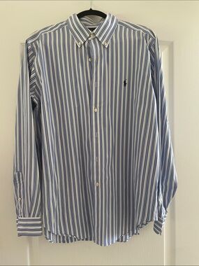 Polo by Ralph Lauren Men's Blue and White Vertical Stripe Dress Shirt